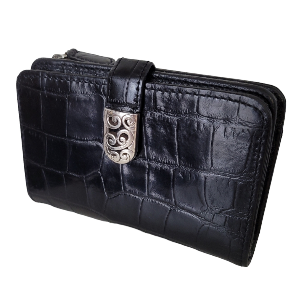 Vintage Brighton Croc Embossed Bifold Wallet Black Leather